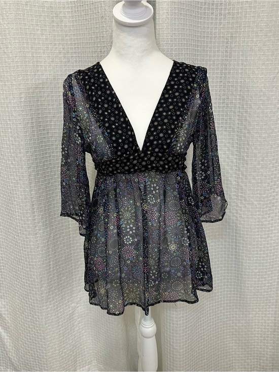 Odille Tops - Sheer 100% Silk Black Floral V-Neck Babydoll Top